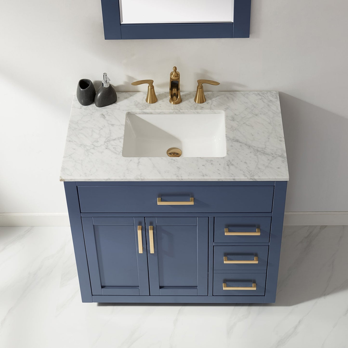 Ivy 36" Single Bathroom Vanity Set in Royal Blue and Carrara White Marble Countertop with Mirror