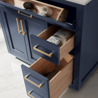Ivy 36" Single Bathroom Vanity Set in Royal Blue and Carrara White Marble Countertop with Mirror