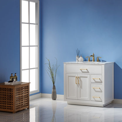 Ivy 36" Single Bathroom Vanity Set in White and Carrara White Marble Countertop without Mirror