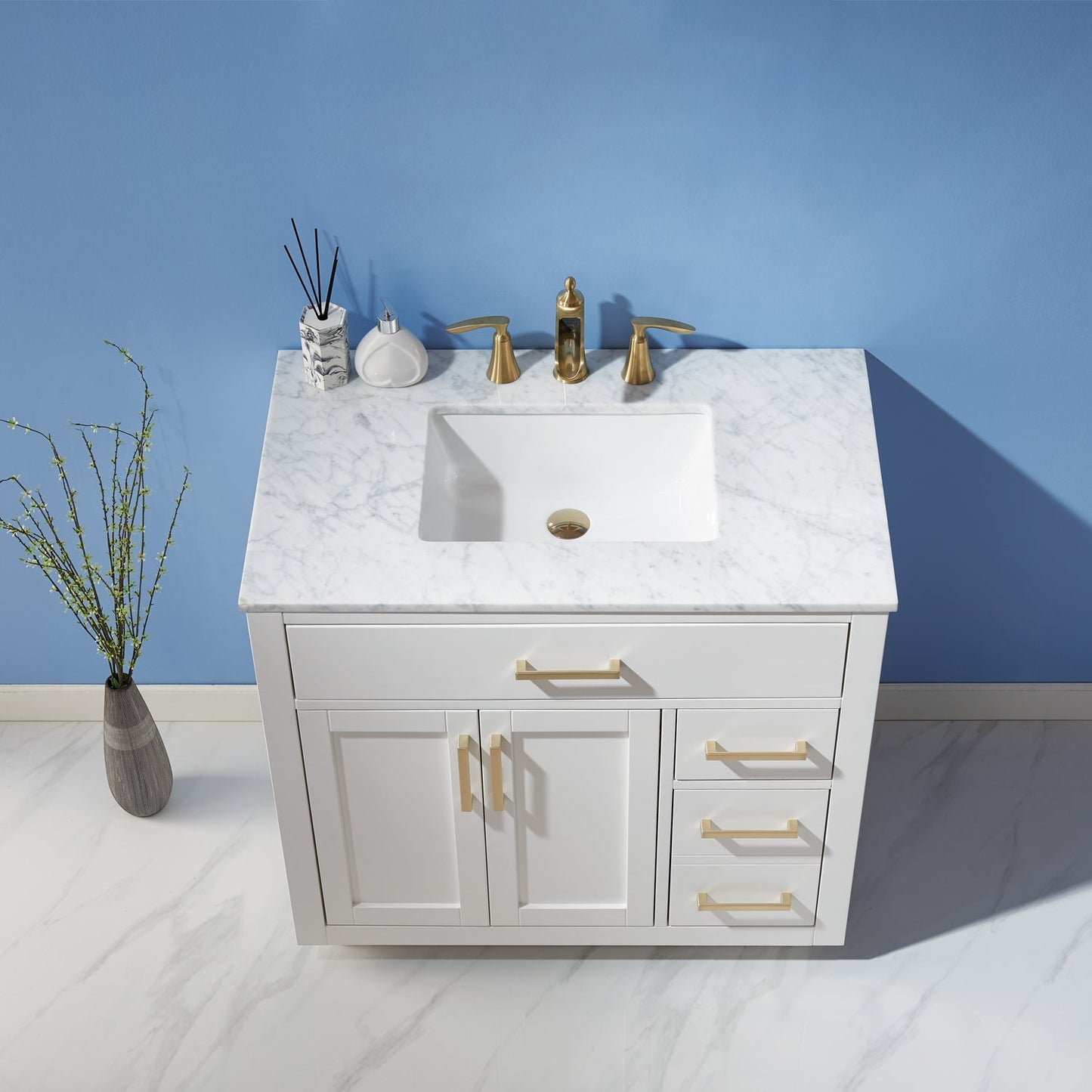 Ivy 36" Single Bathroom Vanity Set in White and Carrara White Marble Countertop without Mirror