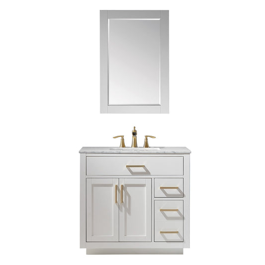 Ivy 36" Single Bathroom Vanity Set in White and Carrara White Marble Countertop with Mirror
