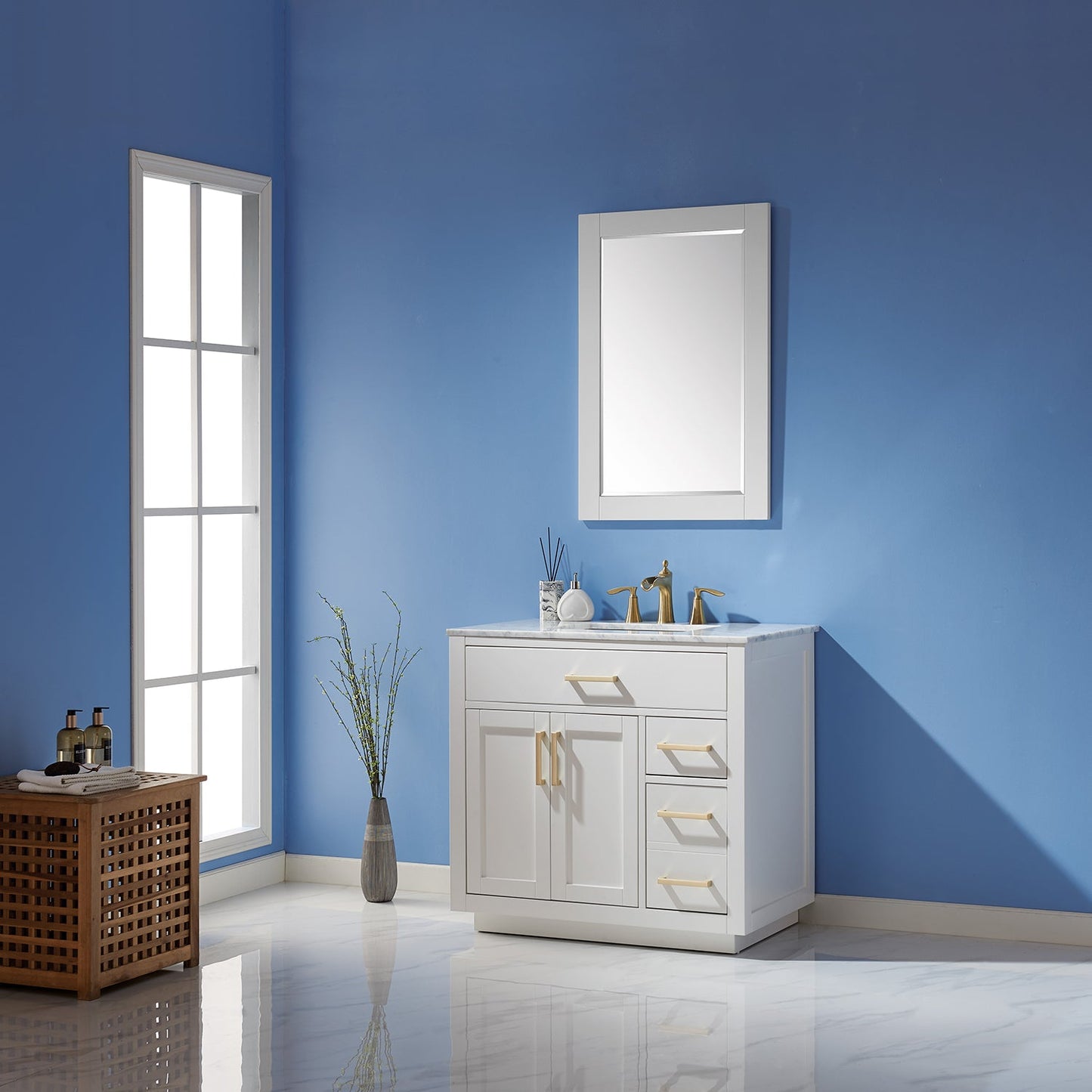 Ivy 36" Single Bathroom Vanity Set in White and Carrara White Marble Countertop with Mirror
