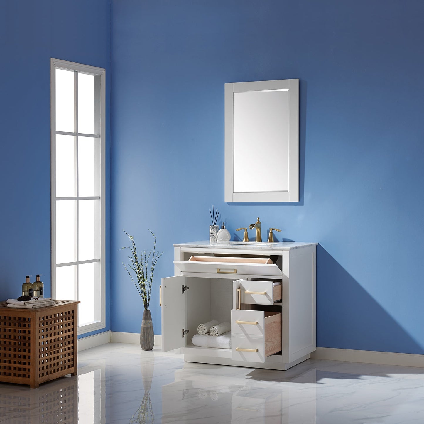 Ivy 36" Single Bathroom Vanity Set in White and Carrara White Marble Countertop with Mirror