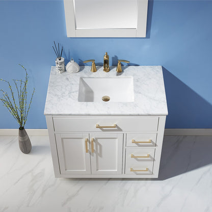 Ivy 36" Single Bathroom Vanity Set in White and Carrara White Marble Countertop with Mirror