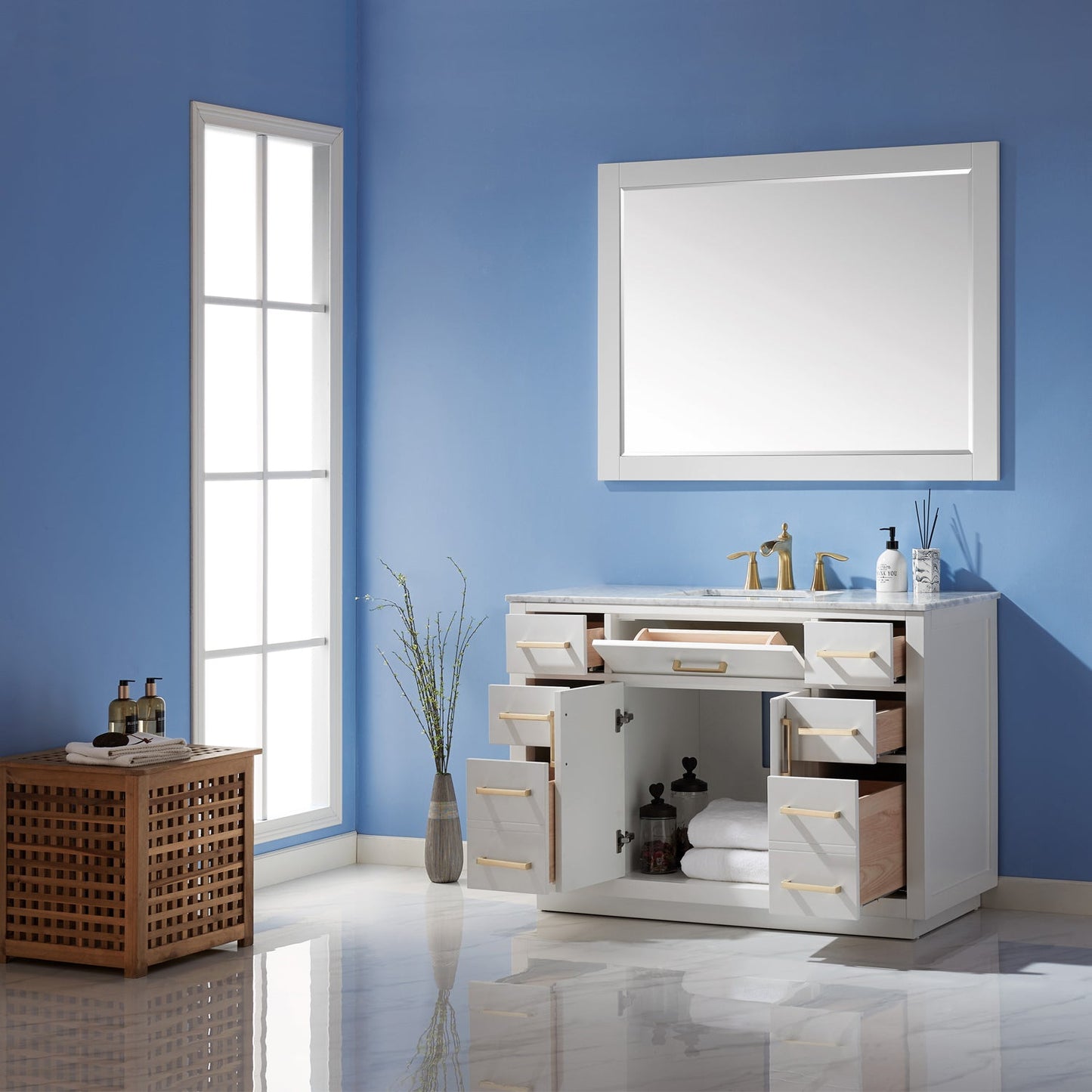 Ivy 48" Single Bathroom Vanity Cabinet Only in White and Mirror, without Countertop