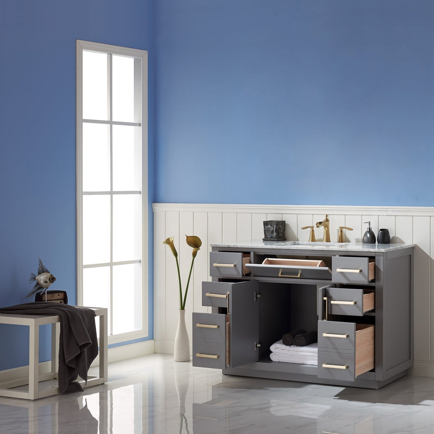 Ivy 48" Single Bathroom Vanity Set in Gray and Carrara White Marble Countertop without Mirror