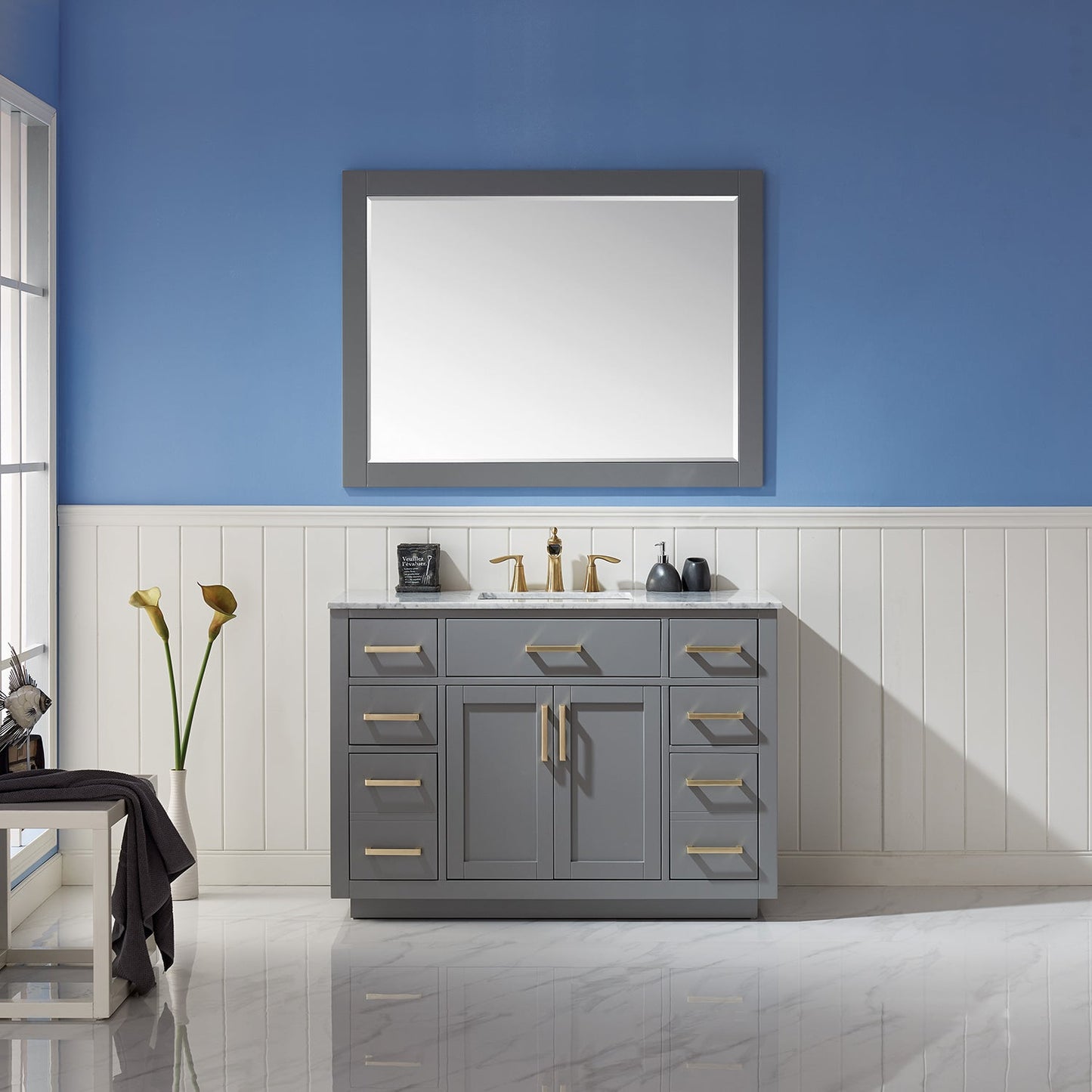 Ivy 48" Single Bathroom Vanity Set in Gray and Carrara White Marble Countertop with Mirror