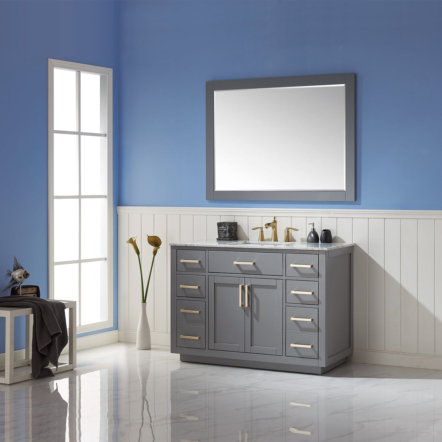 Ivy 48" Single Bathroom Vanity Set in Gray and Carrara White Marble Countertop with Mirror