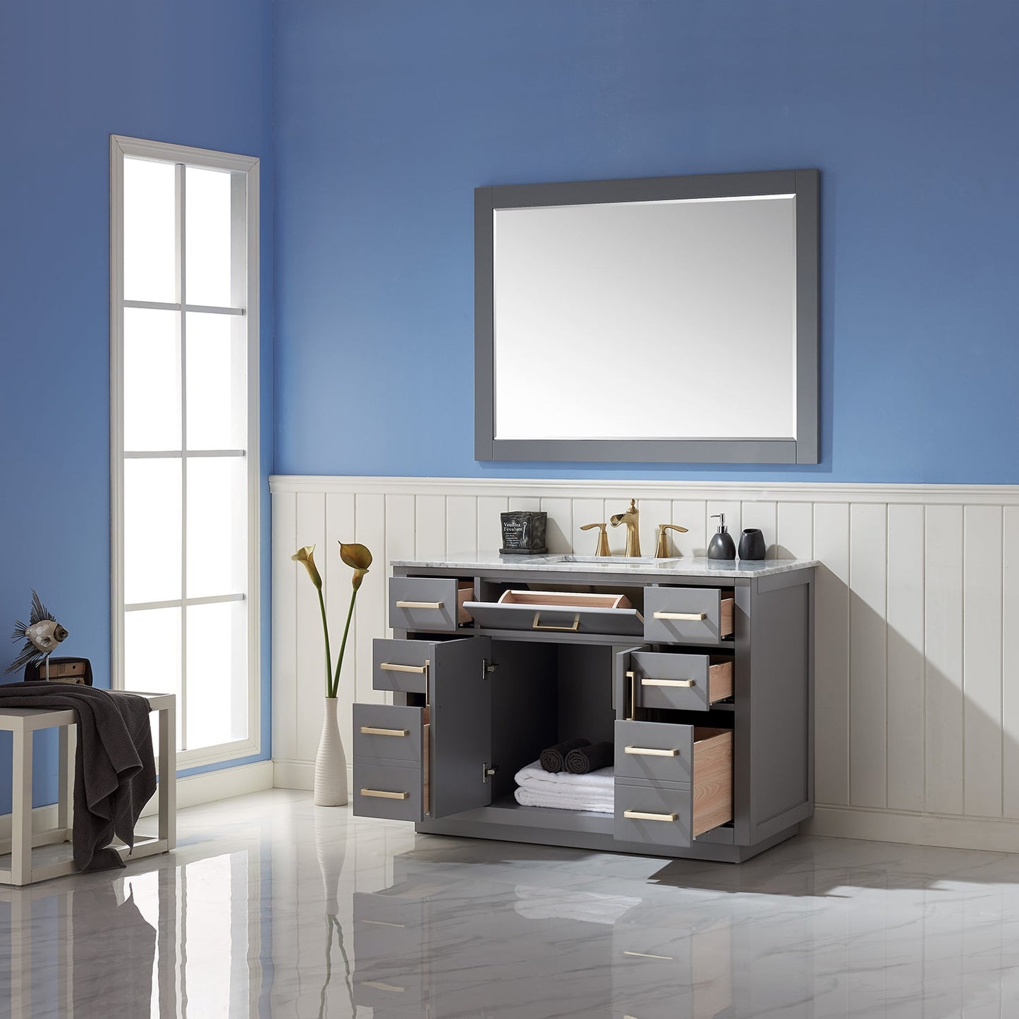 Ivy 48" Single Bathroom Vanity Set in Gray and Carrara White Marble Countertop with Mirror