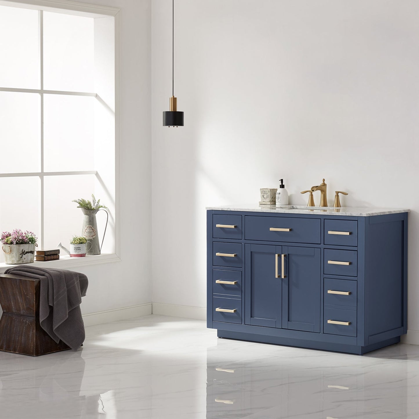 Ivy 48" Single Bathroom Vanity Set in Royal Blue and Carrara White Marble Countertop without Mirror