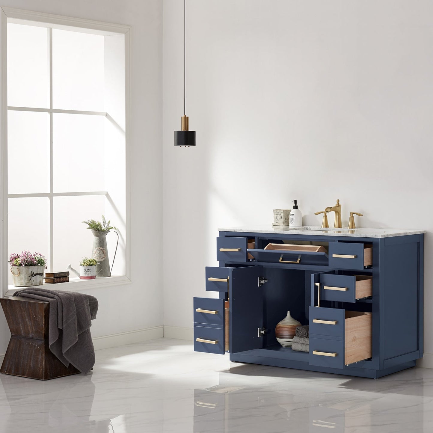 Ivy 48" Single Bathroom Vanity Set in Royal Blue and Carrara White Marble Countertop without Mirror