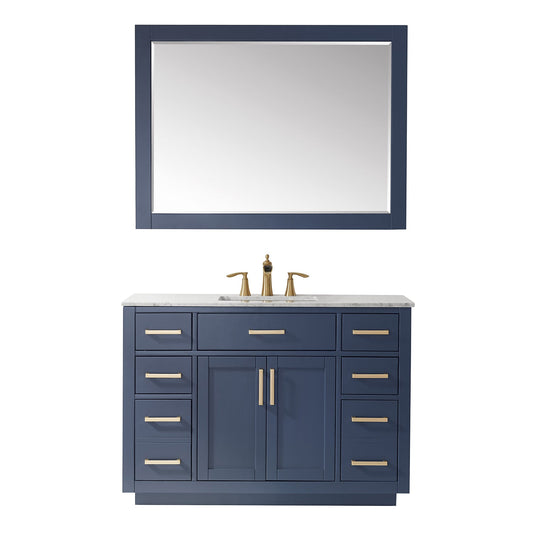 Ivy 48" Single Bathroom Vanity Set in Royal Blue and Carrara White Marble Countertop with Mirror