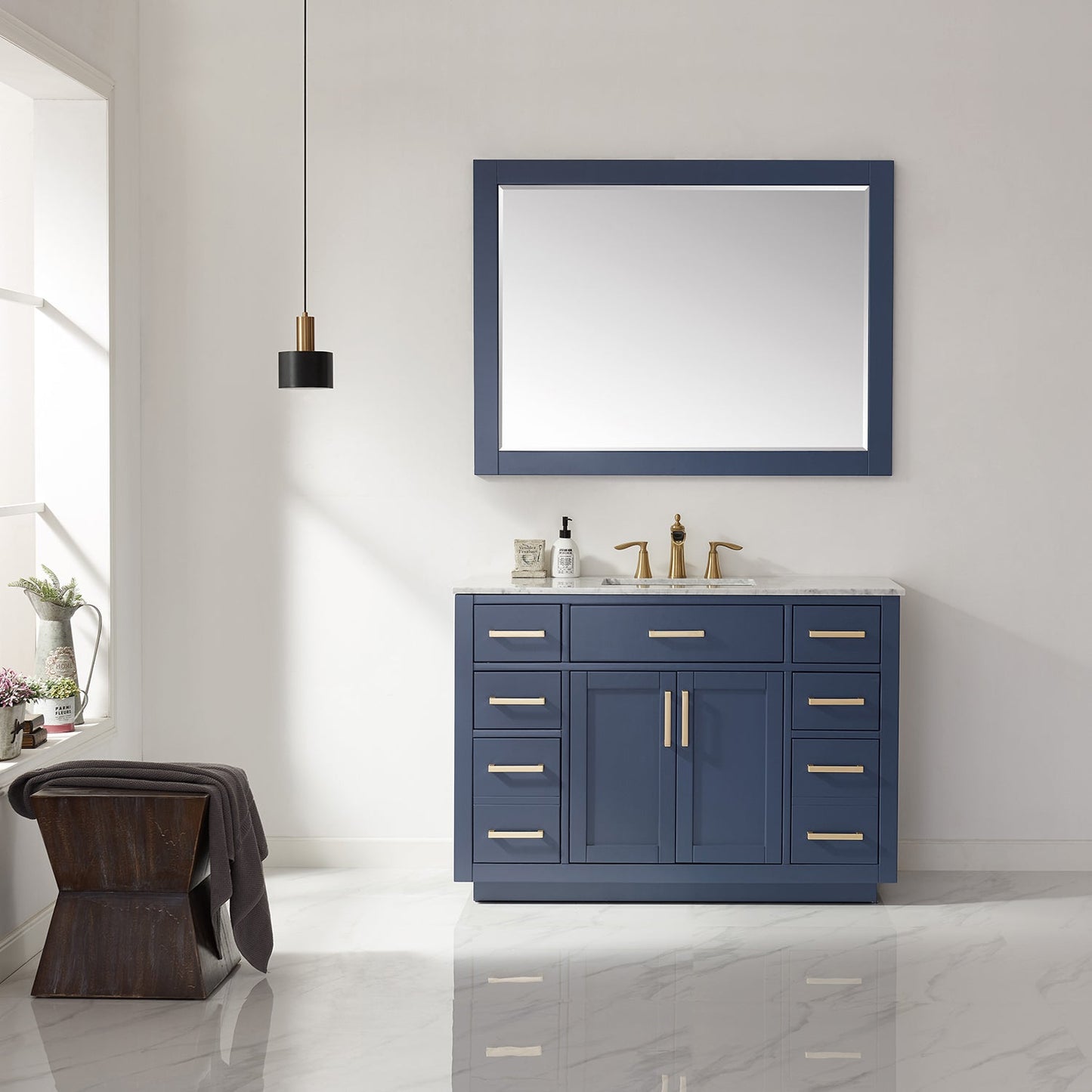Ivy 48" Single Bathroom Vanity Set in Royal Blue and Carrara White Marble Countertop with Mirror