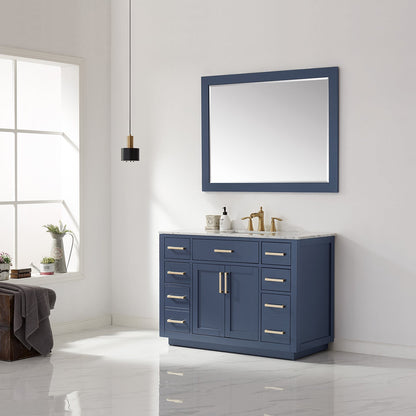 Ivy 48" Single Bathroom Vanity Set in Royal Blue and Carrara White Marble Countertop with Mirror