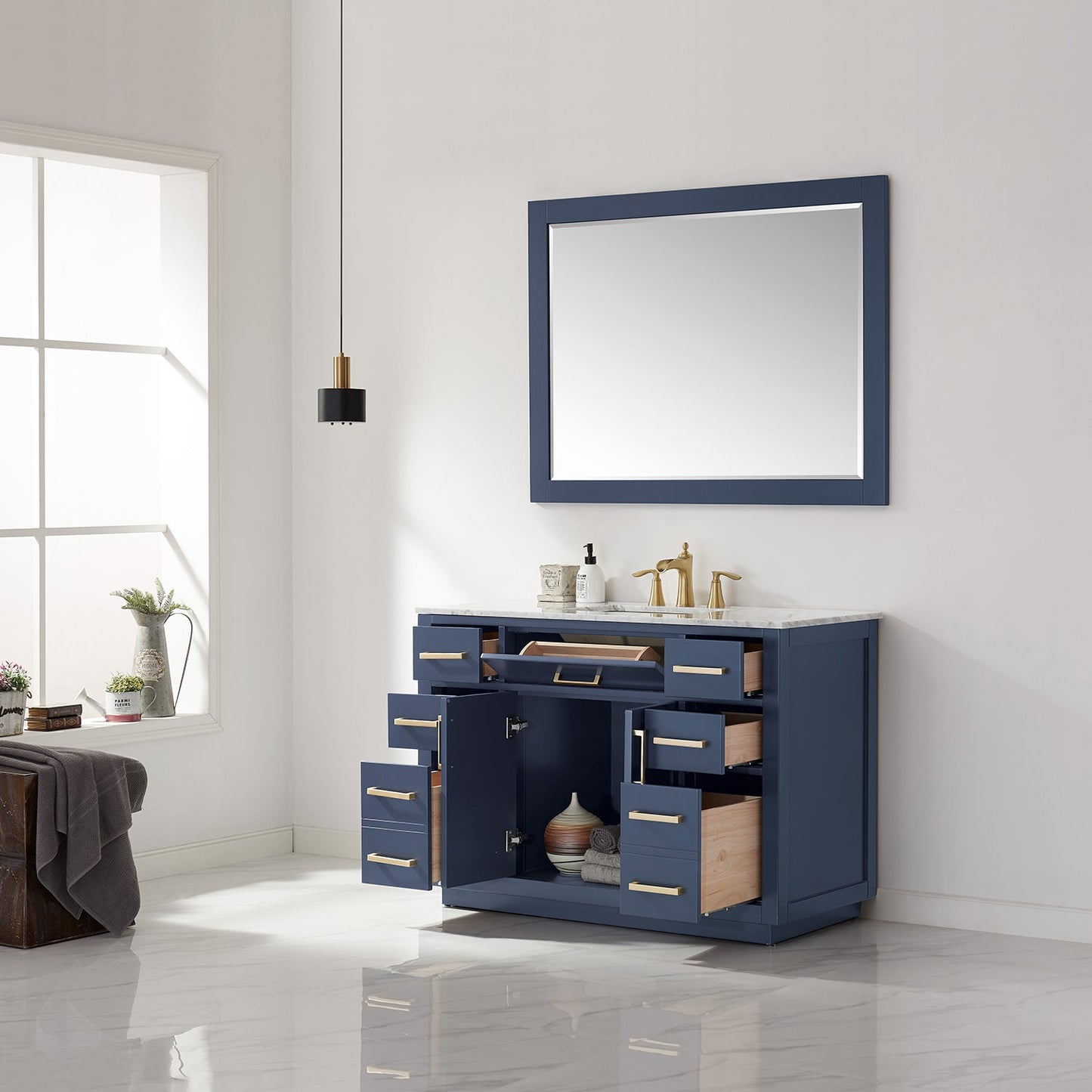 Ivy 48" Single Bathroom Vanity Set in Royal Blue and Carrara White Marble Countertop with Mirror