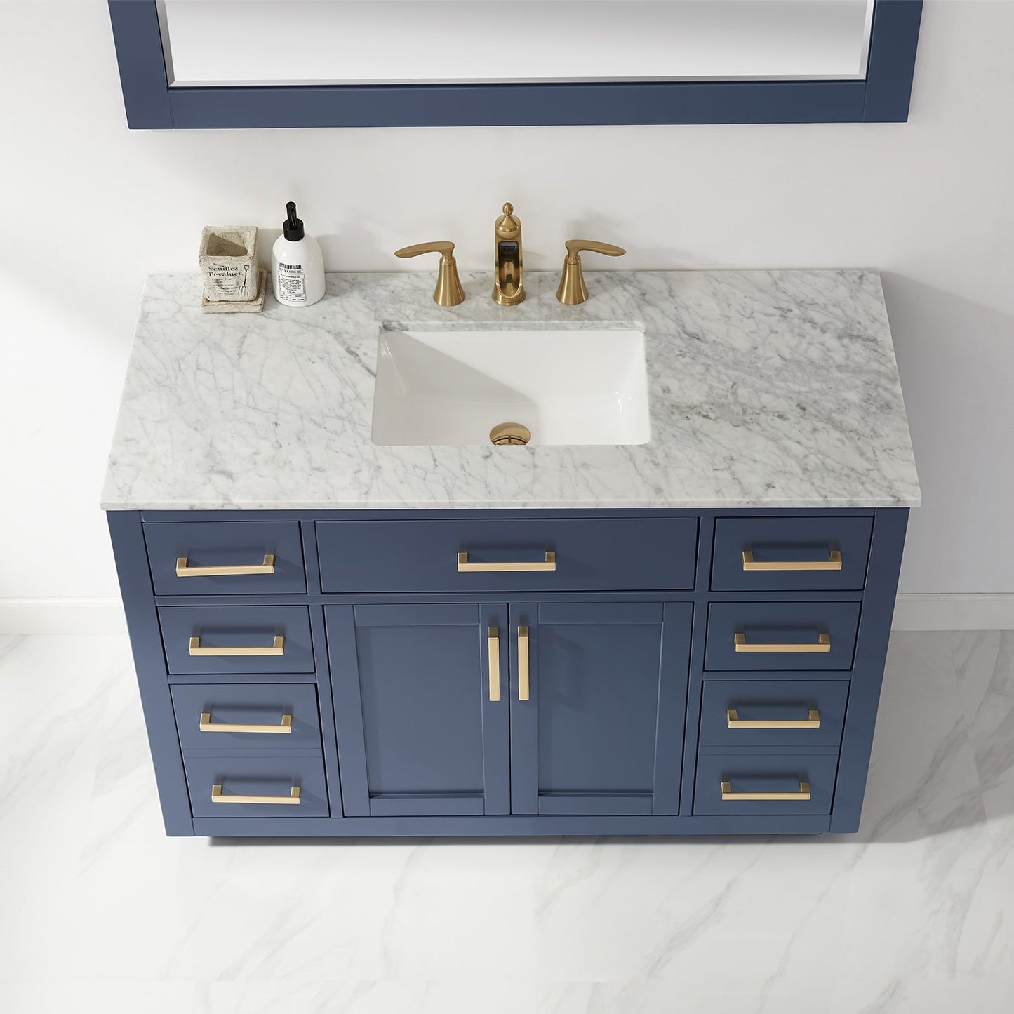 Ivy 48" Single Bathroom Vanity Set in Royal Blue and Carrara White Marble Countertop with Mirror