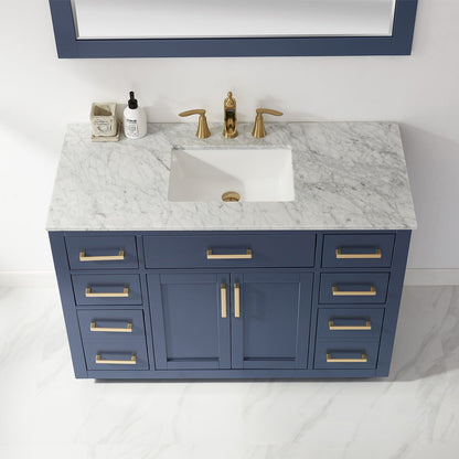Ivy 48" Single Bathroom Vanity Set in Royal Blue and Carrara White Marble Countertop with Mirror