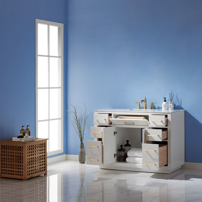 Ivy 48" Single Bathroom Vanity Set in White and Carrara White Marble Countertop without Mirror