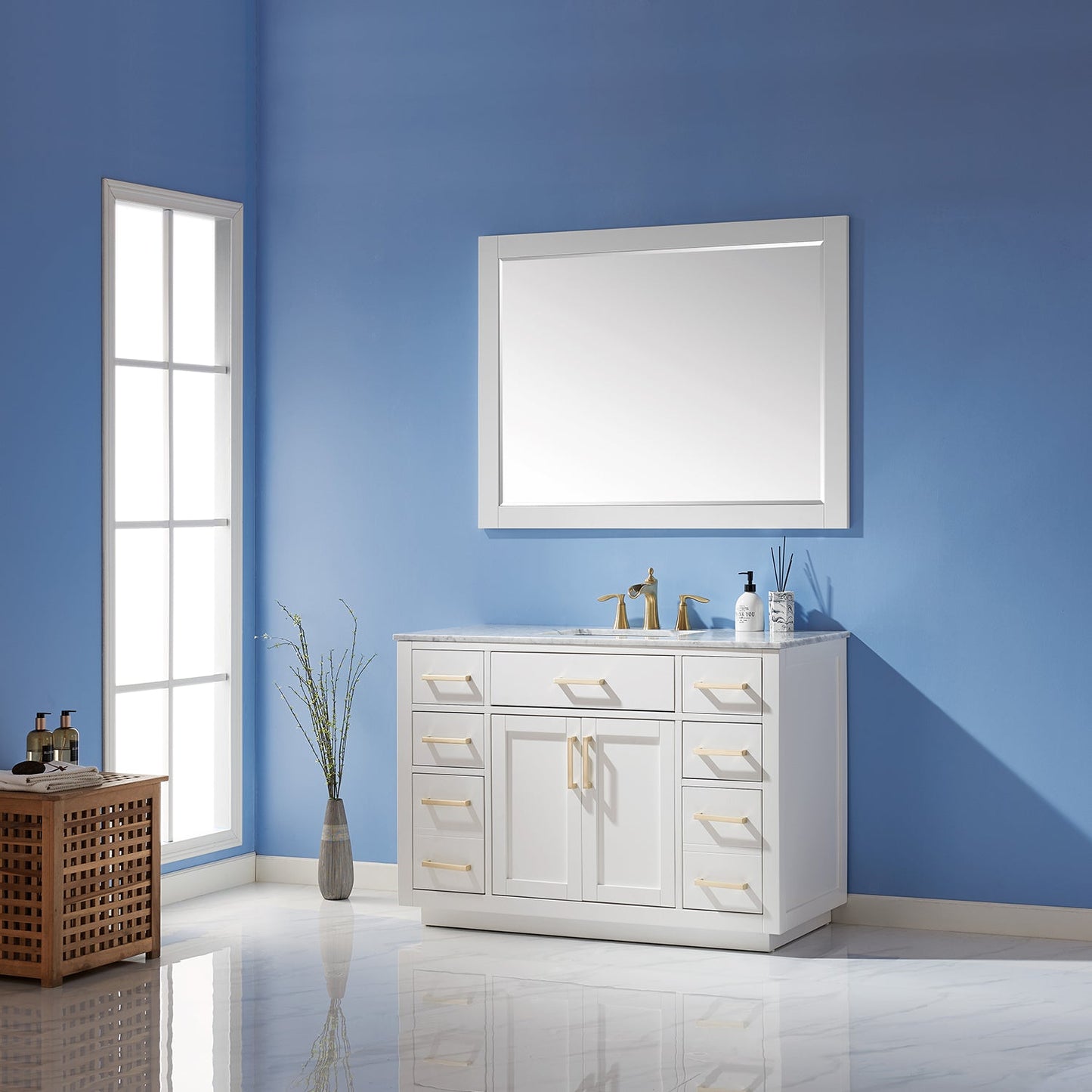 Ivy 48" Single Bathroom Vanity Set in White and Carrara White Marble Countertop with Mirror