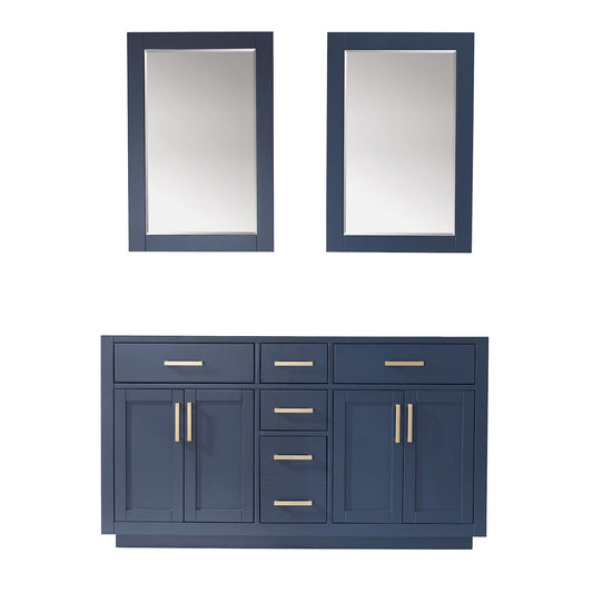 Ivy 60" Double Bathroom Vanity Cabinet Only in Royal Blue and Mirror, without Countertop
