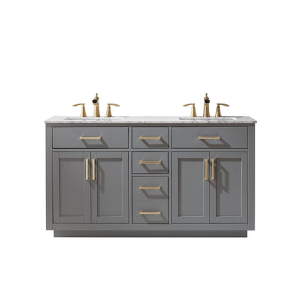 Ivy 60" Double Bathroom Vanity Set in Gray and Carrara White Marble Countertop without Mirror