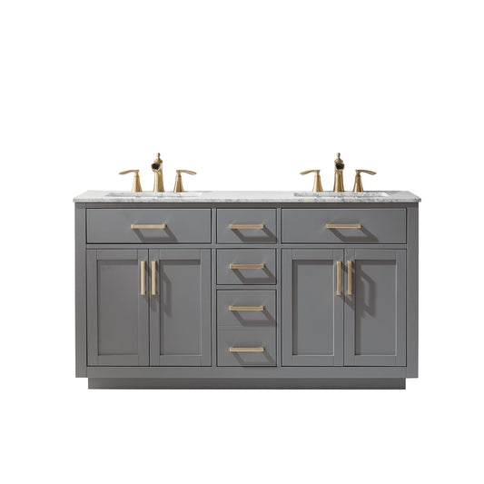 Ivy 60" Double Bathroom Vanity Set in Gray and Carrara White Marble Countertop without Mirror