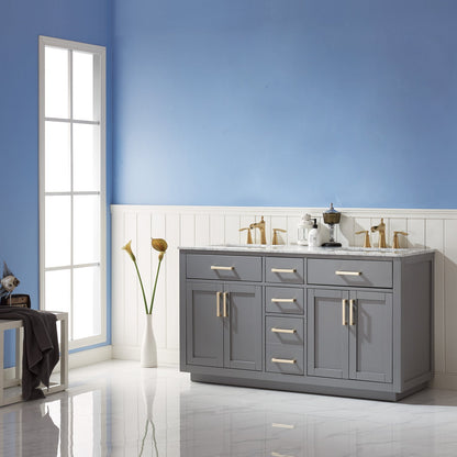 Ivy 60" Double Bathroom Vanity Set in Gray and Carrara White Marble Countertop without Mirror
