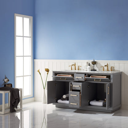 Ivy 60" Double Bathroom Vanity Set in Gray and Carrara White Marble Countertop without Mirror