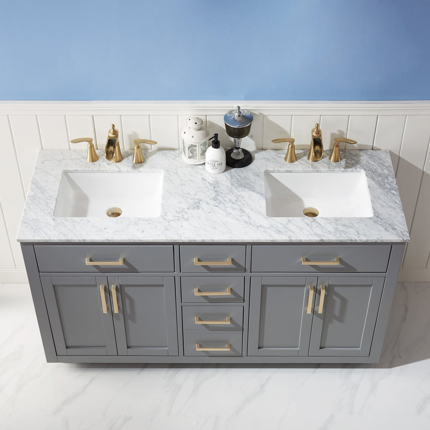 Ivy 60" Double Bathroom Vanity Set in Gray and Carrara White Marble Countertop without Mirror