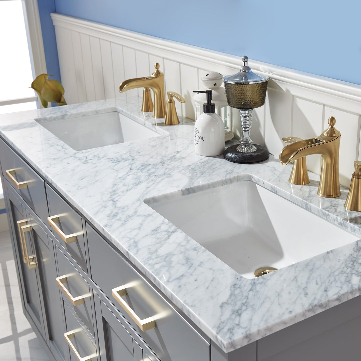 Ivy 60" Double Bathroom Vanity Set in Gray and Carrara White Marble Countertop without Mirror
