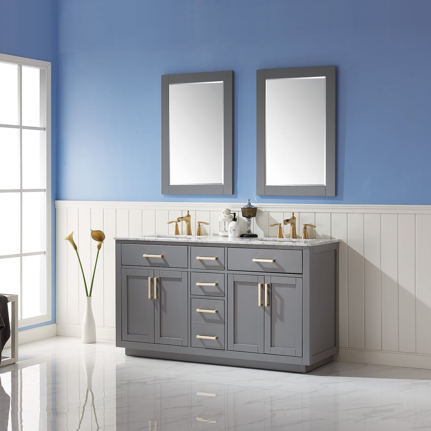Ivy 60" Double Bathroom Vanity Set in Gray and Carrara White Marble Countertop with Mirror