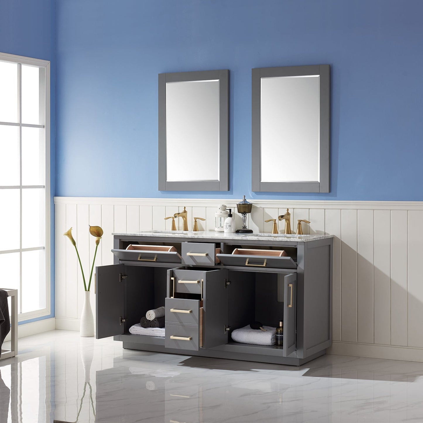 Ivy 60" Double Bathroom Vanity Set in Gray and Carrara White Marble Countertop with Mirror