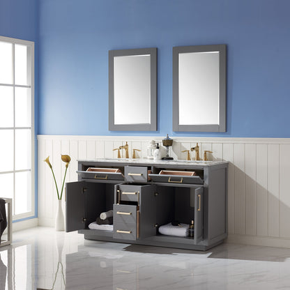 Ivy 60" Double Bathroom Vanity Set in Gray and Carrara White Marble Countertop with Mirror