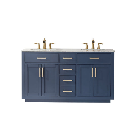 Ivy 60" Double Bathroom Vanity Set in Royal Blue and Carrara White Marble Countertop without Mirror
