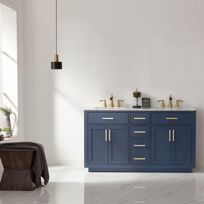 Ivy 60" Double Bathroom Vanity Set in Royal Blue and Carrara White Marble Countertop without Mirror
