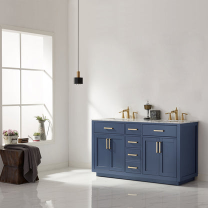 Ivy 60" Double Bathroom Vanity Set in Royal Blue and Carrara White Marble Countertop without Mirror