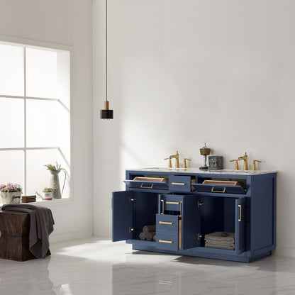 Ivy 60" Double Bathroom Vanity Set in Royal Blue and Carrara White Marble Countertop without Mirror