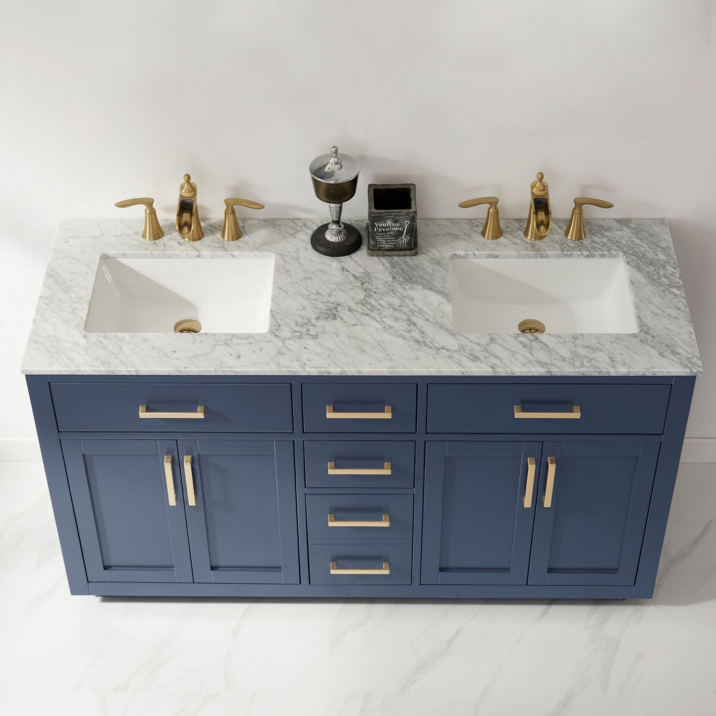Ivy 60" Double Bathroom Vanity Set in Royal Blue and Carrara White Marble Countertop without Mirror