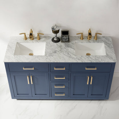 Ivy 60" Double Bathroom Vanity Set in Royal Blue and Carrara White Marble Countertop without Mirror