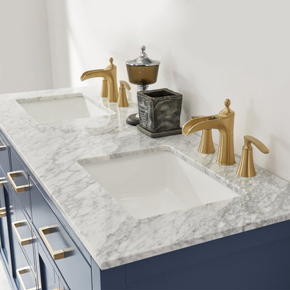 Ivy 60" Double Bathroom Vanity Set in Royal Blue and Carrara White Marble Countertop without Mirror