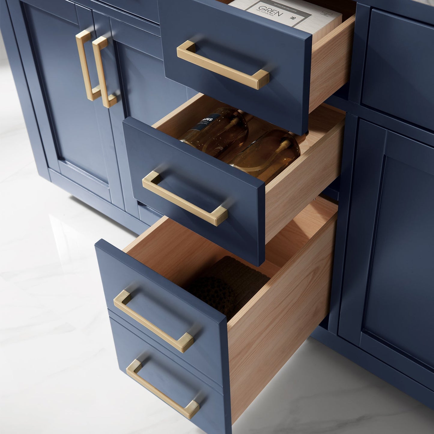 Ivy 60" Double Bathroom Vanity Set in Royal Blue and Carrara White Marble Countertop without Mirror