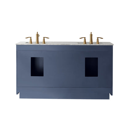 Ivy 60" Double Bathroom Vanity Set in Royal Blue and Carrara White Marble Countertop without Mirror