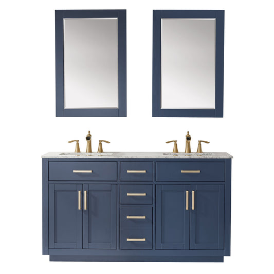 Ivy 60" Double Bathroom Vanity Set in Royal Blue and Carrara White Marble Countertop with Mirror