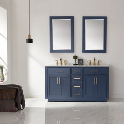 Ivy 60" Double Bathroom Vanity Set in Royal Blue and Carrara White Marble Countertop with Mirror