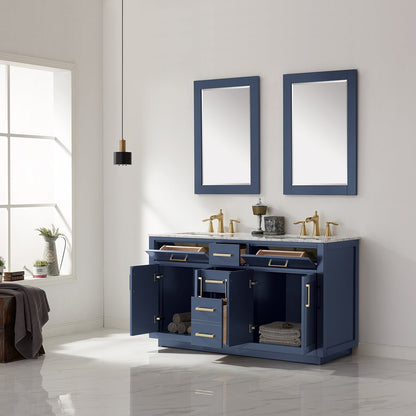 Ivy 60" Double Bathroom Vanity Set in Royal Blue and Carrara White Marble Countertop with Mirror