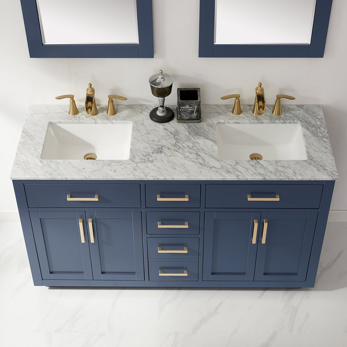 Ivy 60" Double Bathroom Vanity Set in Royal Blue and Carrara White Marble Countertop with Mirror