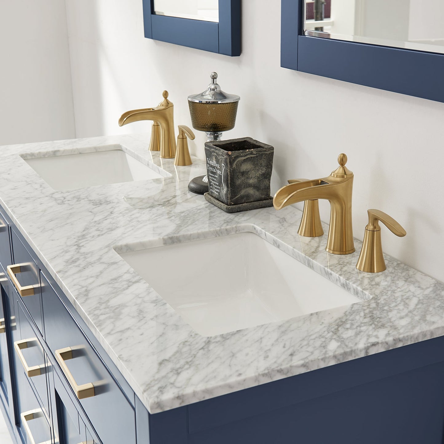 Ivy 60" Double Bathroom Vanity Set in Royal Blue and Carrara White Marble Countertop with Mirror