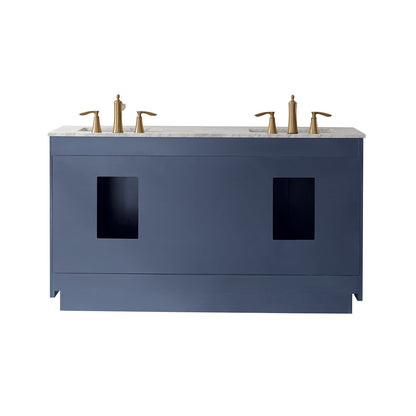 Ivy 60" Double Bathroom Vanity Set in Royal Blue and Carrara White Marble Countertop with Mirror
