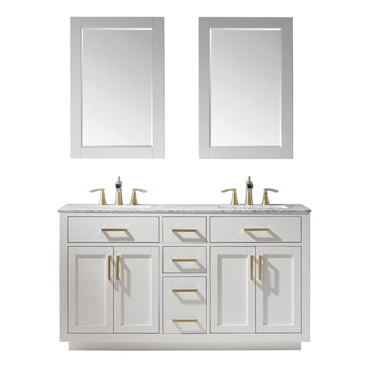 Ivy 60" Double Bathroom Vanity Set in White and Carrara White Marble Countertop with Mirror