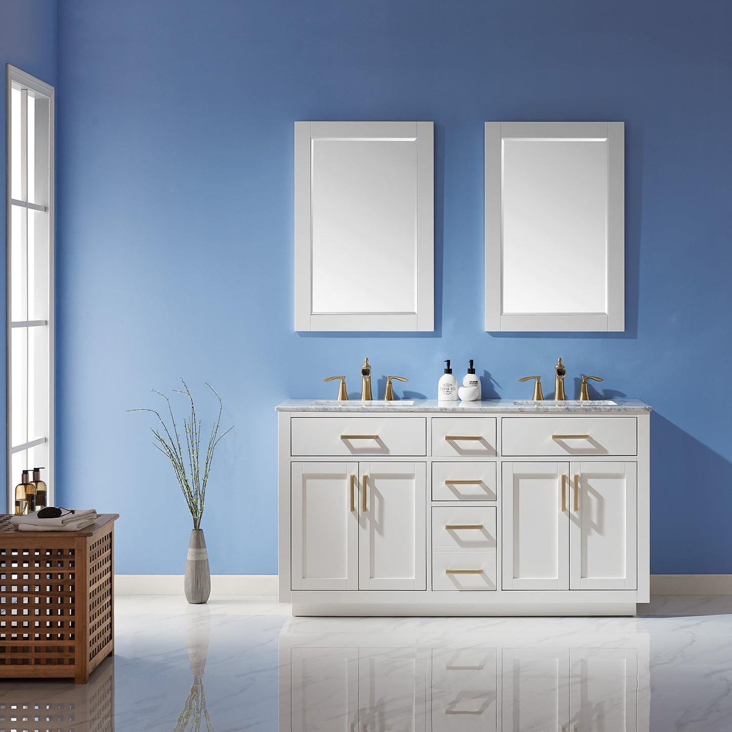 Ivy 60" Double Bathroom Vanity Set in White and Carrara White Marble Countertop with Mirror